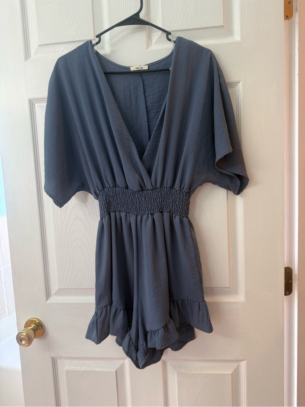 First Love Women's Slate Blue Romper with Smocked Waist